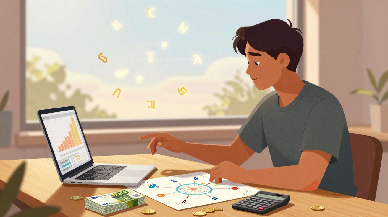 Jovem a estudar astrologia com laptop, mapa astral, calculadora e notas de euro sobre a mesa.