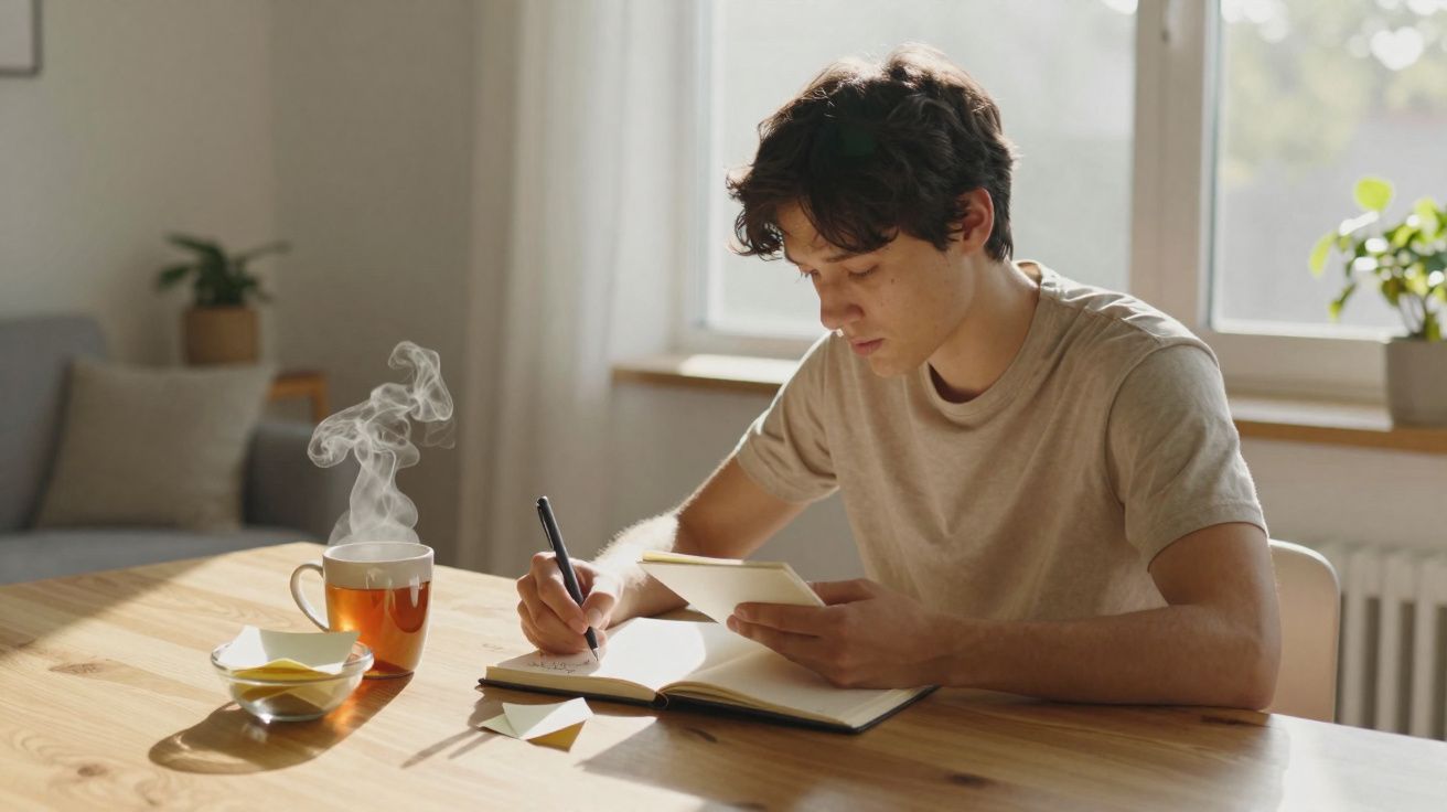 Jovem sentado numa mesa a tomar notas num caderno enquanto usa um tablet, com chá quente ao lado.