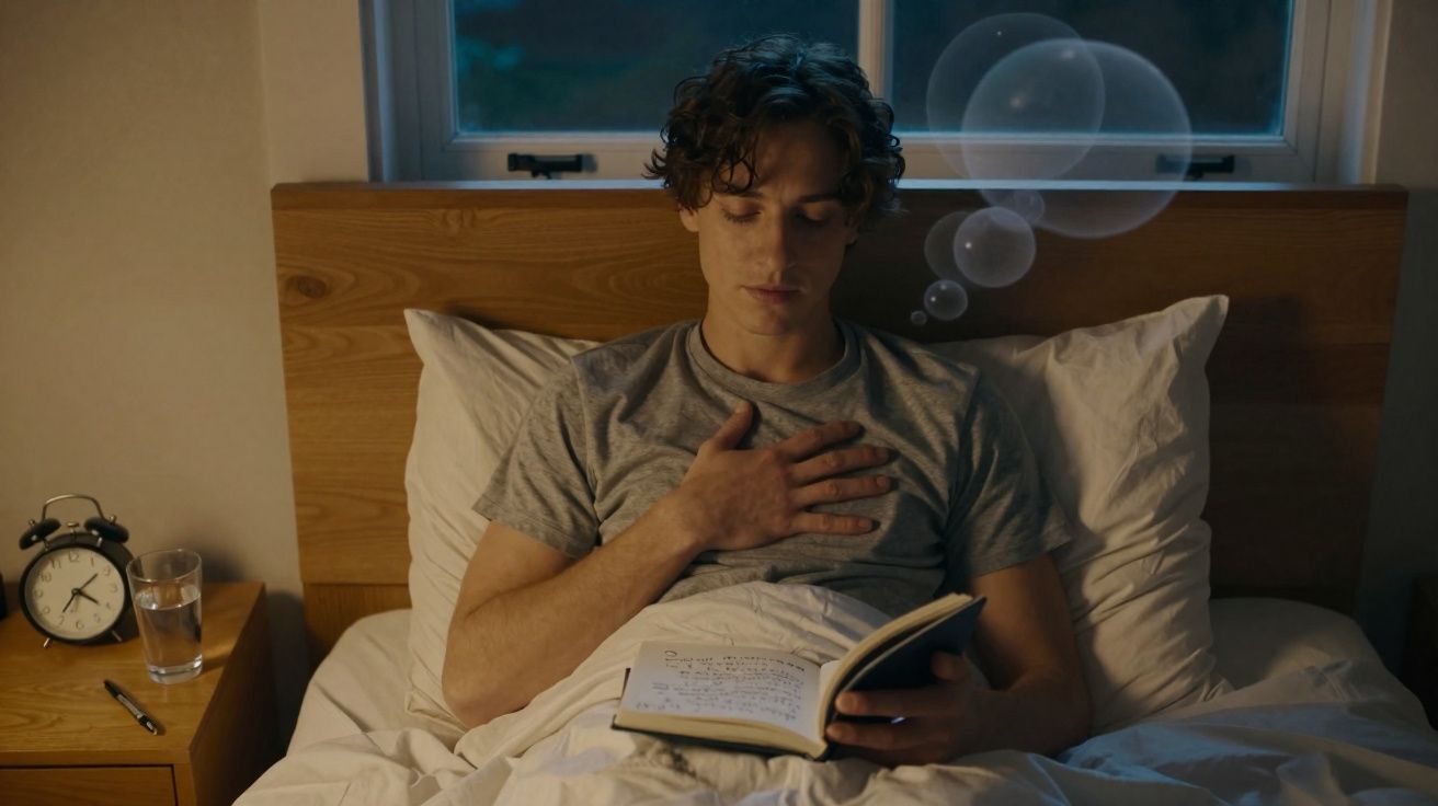 Jovem sentado na cama a ler um livro com bolhas de pensamento sobre ele, ao lado relógio e copo de água.