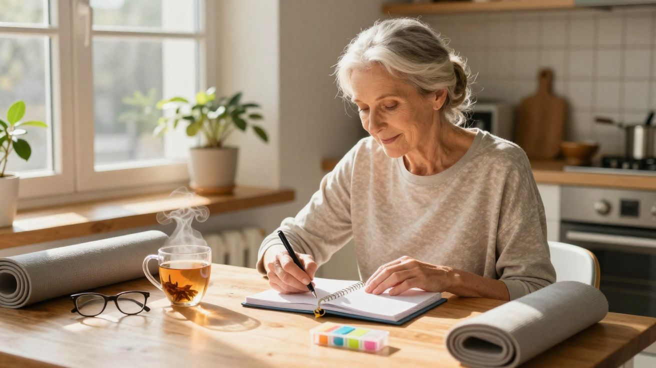 Mulher idosa sentada à mesa, a escrever num caderno, com chá quente e tapetes de yoga à sua frente.