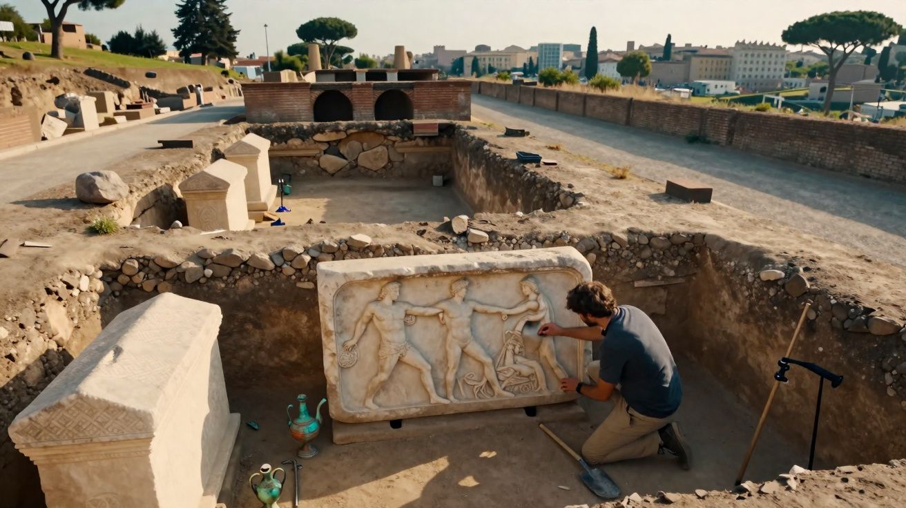 Arqueólogo examina relevo romano em escavação arqueológica ao ar livre durante o dia.