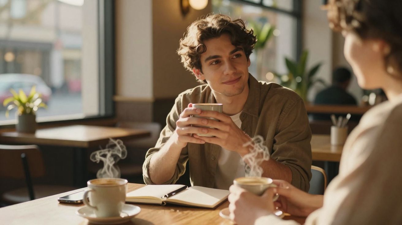 Jovem sorridente a conversar e beber café com outra pessoa num café iluminado por luz natural.
