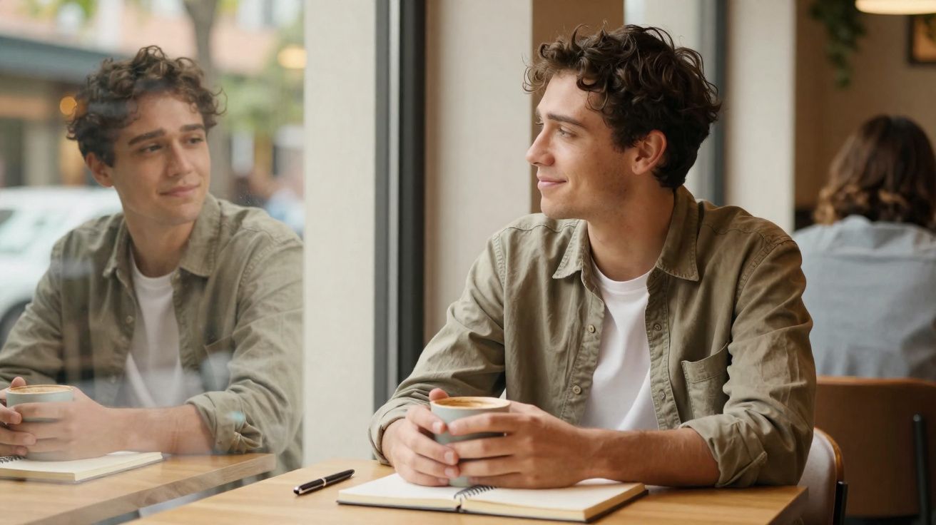 Jovem sentado numa cafetaria a segurar uma chávena de café, olhando pela janela, com um caderno aberto à frente.