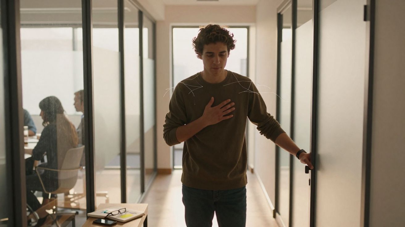 Jovem segurando o peito parece sentir desconforto enquanto abre a porta de um escritório moderno.