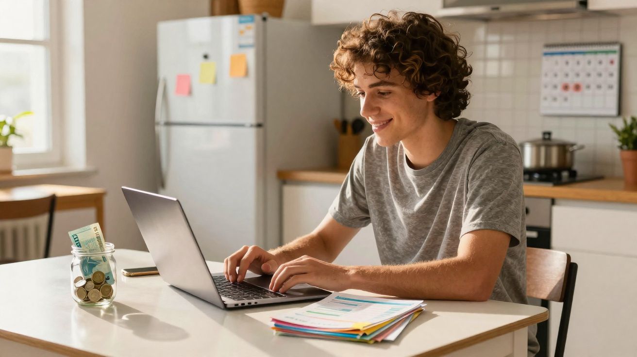 Jovem a trabalhar num portátil numa cozinha com cofre de moedas e documentos à sua frente.