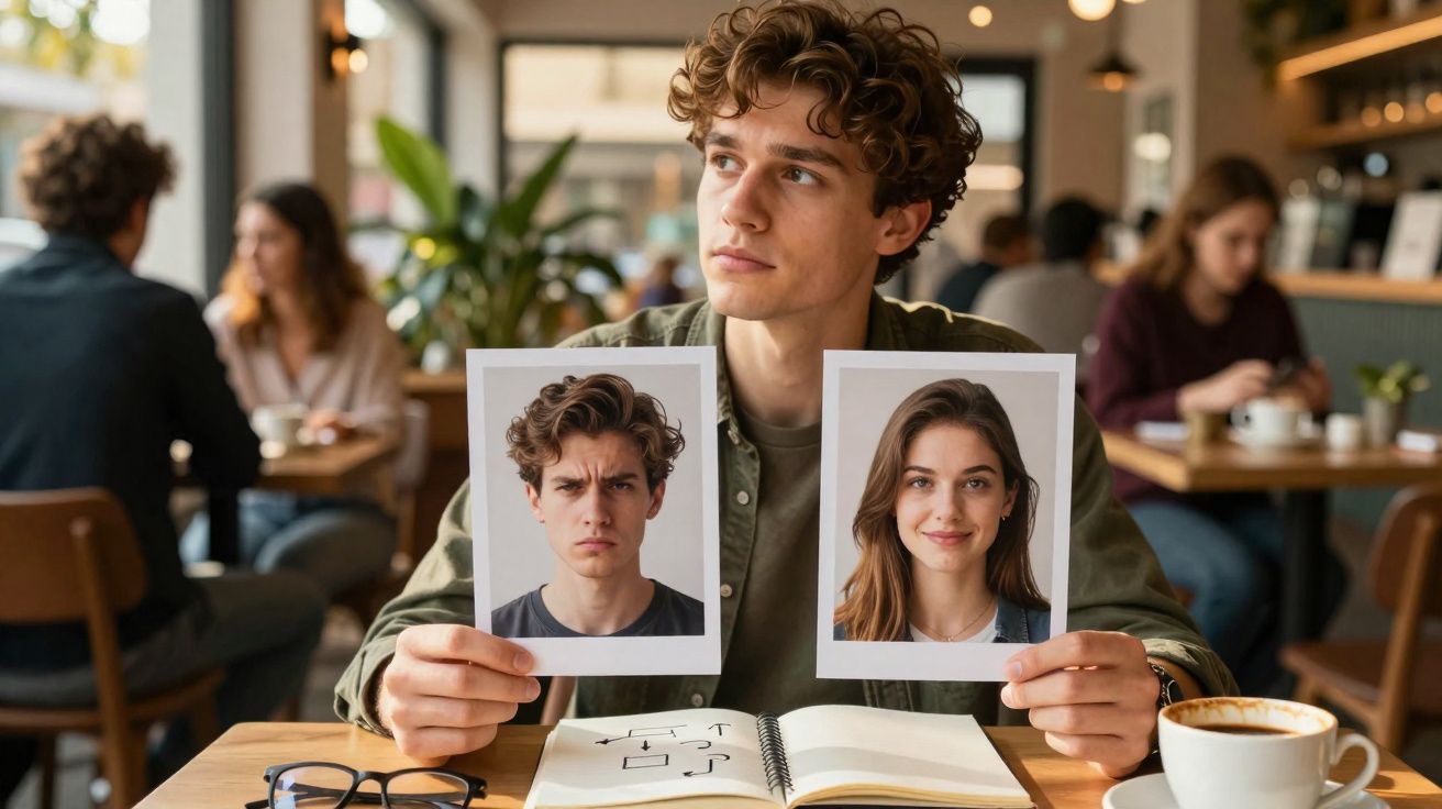 Jovem sentado num café segurando duas fotos, uma de si zangado e outra sorridente, com livro e café à frente.