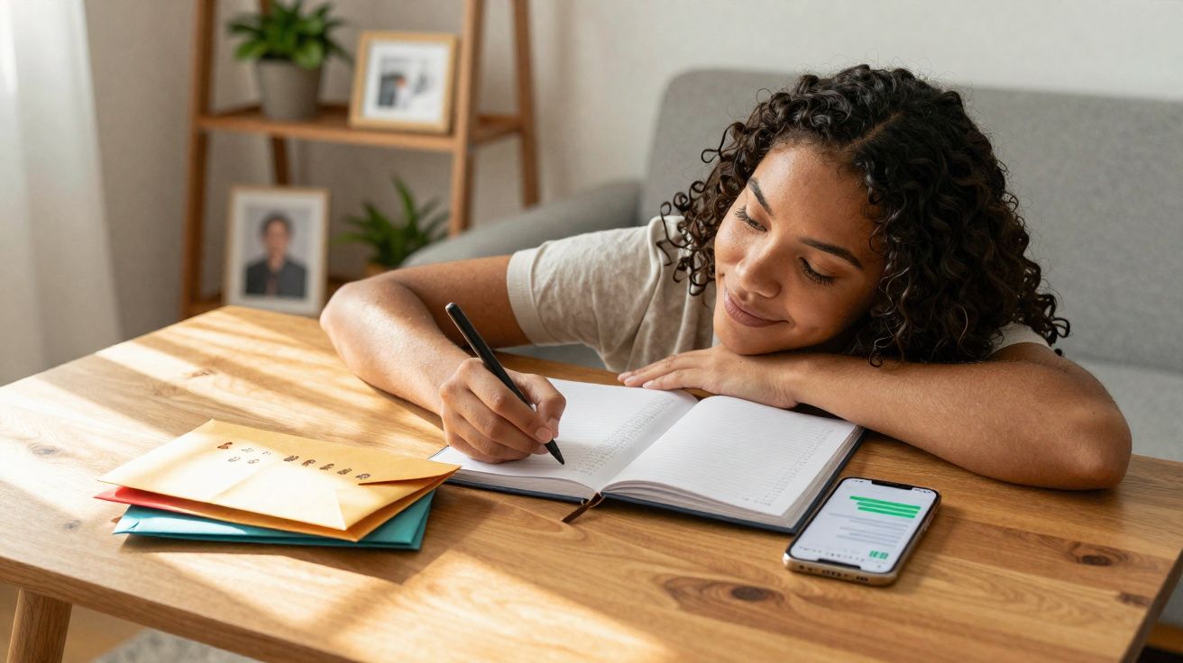 Mulher sentada à mesa a escrever num caderno, com telemóvel e pastas coloridas à sua frente.