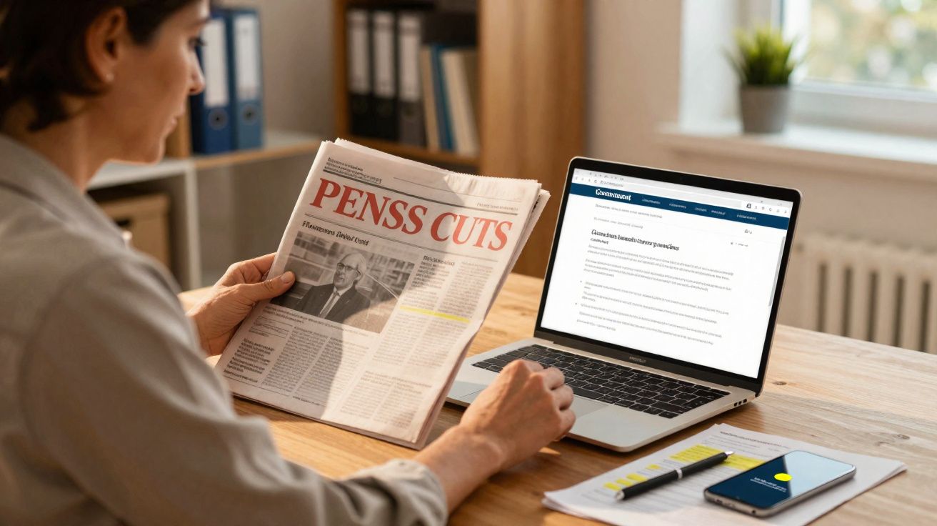 Pessoa sentada numa mesa a ler um jornal com a manchete "PENSs CUTS" e a usar um computador portátil.