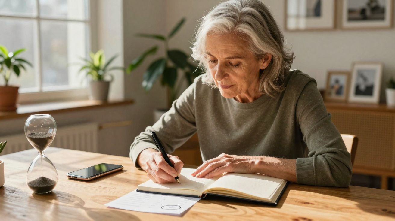 Mulher idosa sentada a escrever num caderno numa mesa com relógio de areia e telemóvel à sua frente.