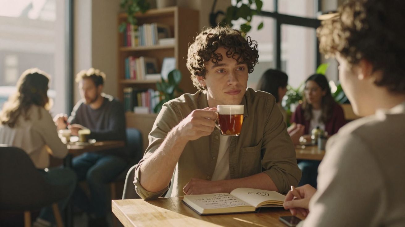 Jovem sentado numa cafetaria a beber chá e a conversar com outra pessoa, ambiente descontraído e luminoso.