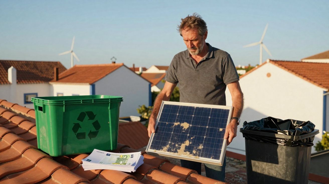 Homem num telhado a segurar painel solar sujo, com contentor de reciclagem e lixo, e turbinas eólicas ao fundo.