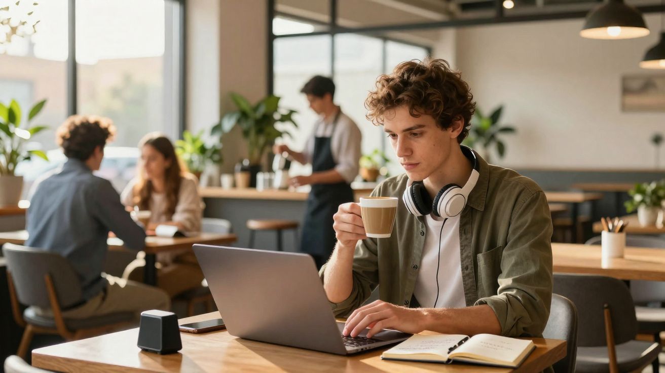 Jovem com auscultadores ao pescoço bebe café enquanto trabalha num computador portátil numa cafetaria.