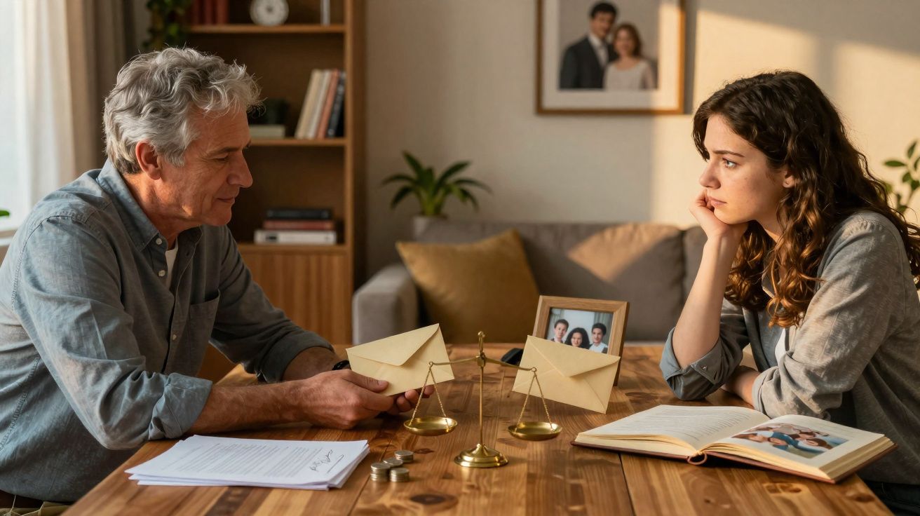 Homem e mulher sentados à mesa a discutir cartas, com balança de justiça e fotos familiares no meio.