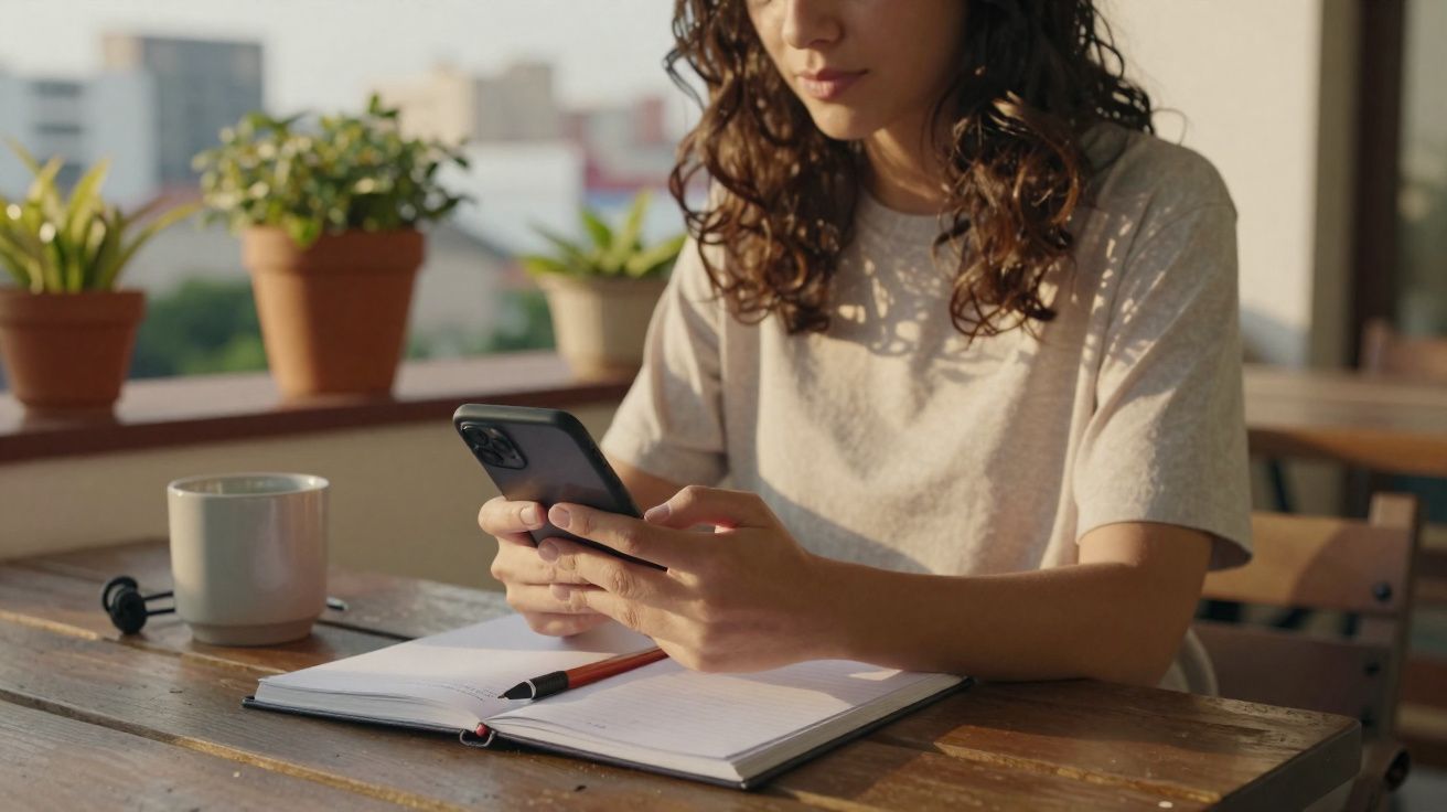 Mulher sentada à mesa com caderno aberto, caneta e chávena, a usar telemóvel num ambiente com plantas.