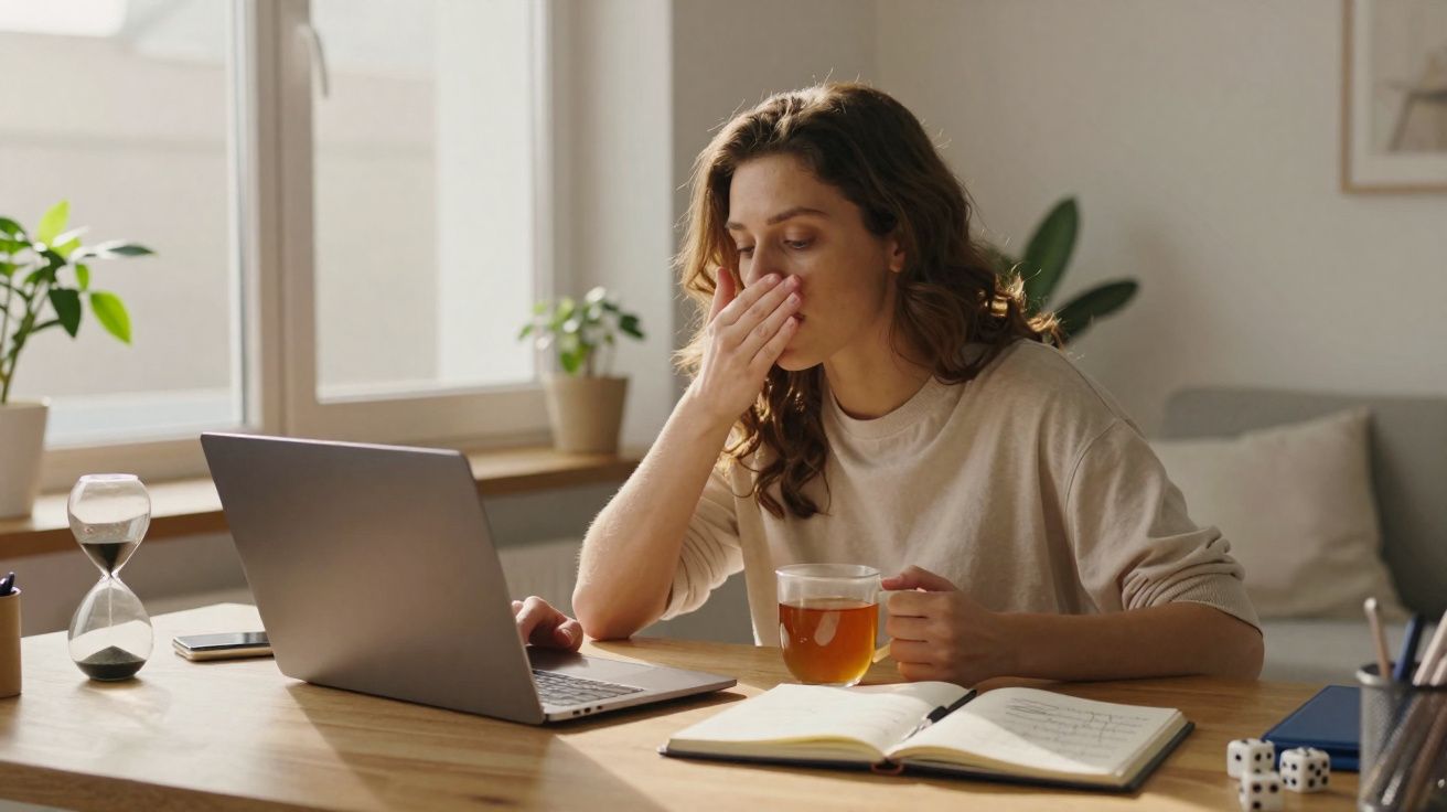 Mulher cansada a bocejar enquanto trabalha num portátil, com chá e caderno numa mesa iluminada pela luz natural.