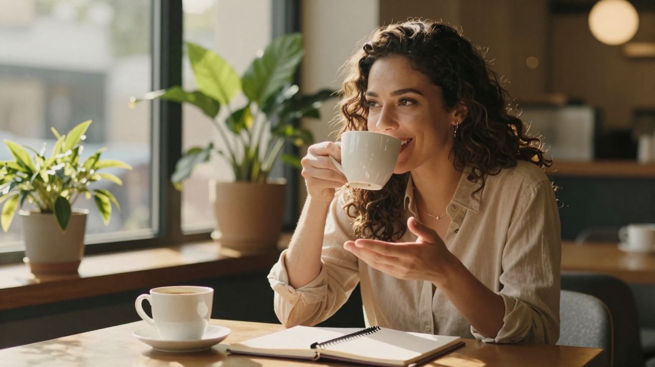 Mulher sentada junto a janela, sorrindo e bebendo café com caderno aberto à sua frente numa mesa.