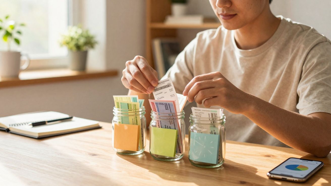 Pessoa a organizar bilhetes em frascos de vidro com notas adesivas coloridas numa mesa de madeira.