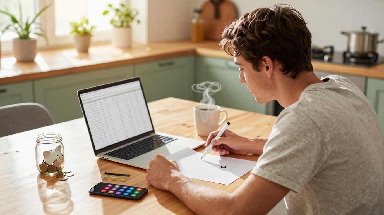 Homem jovem a trabalhar em casa, escrevendo num caderno com computador e café na mesa.