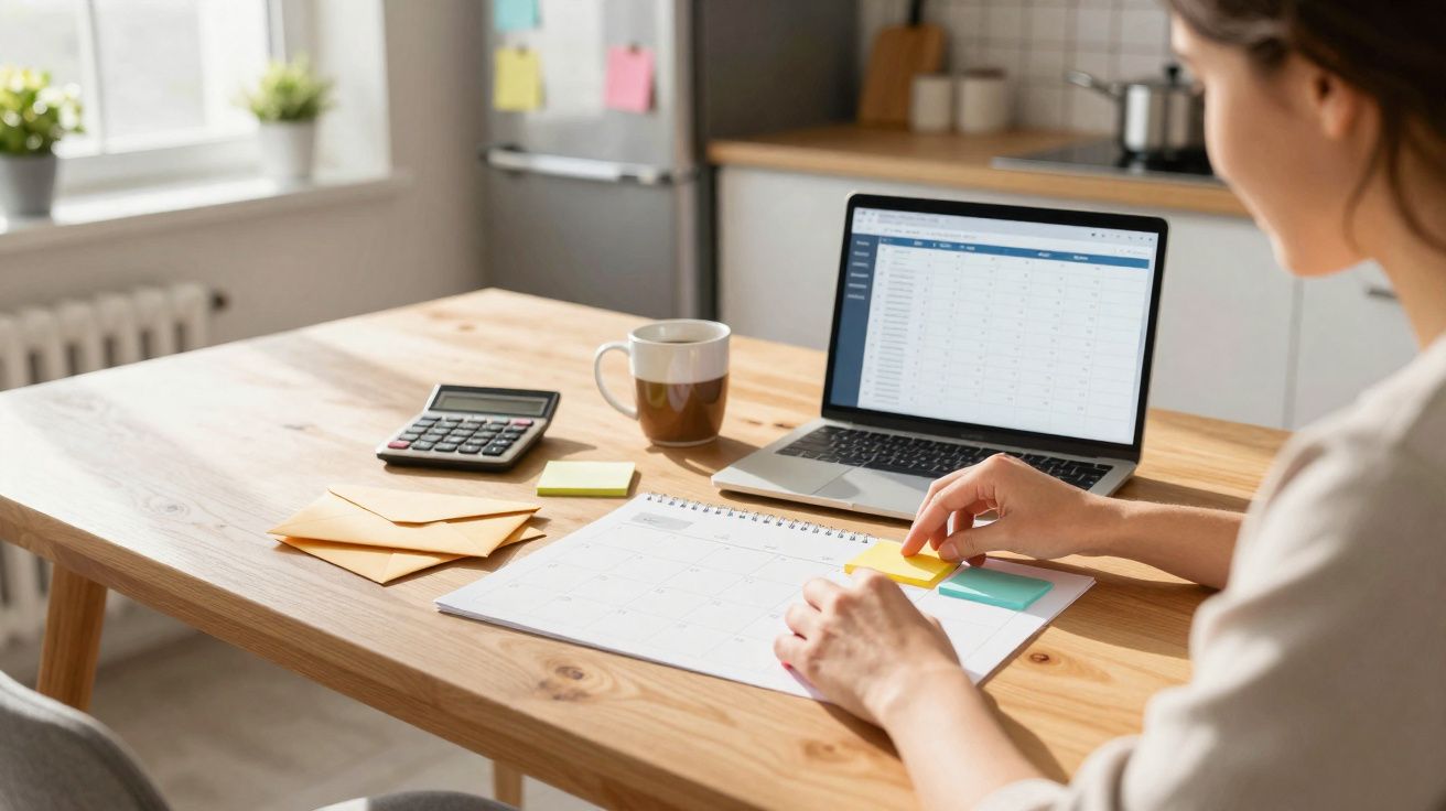 Pessoa a planear tarefas numa agenda com autocolantes coloridos, computador e calculadora numa mesa de madeira.