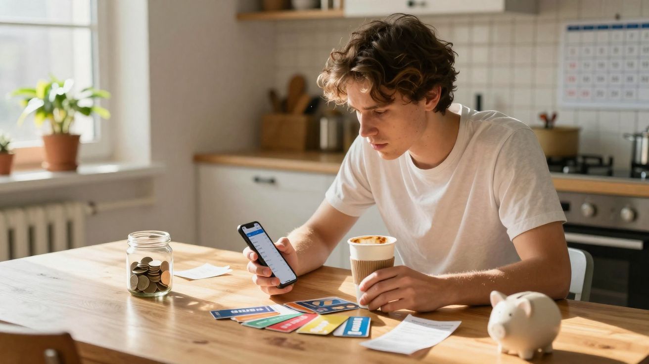 Jovem sentado à mesa da cozinha a usar telemóvel para gerir finanças com cartões e mealheiro à sua frente.