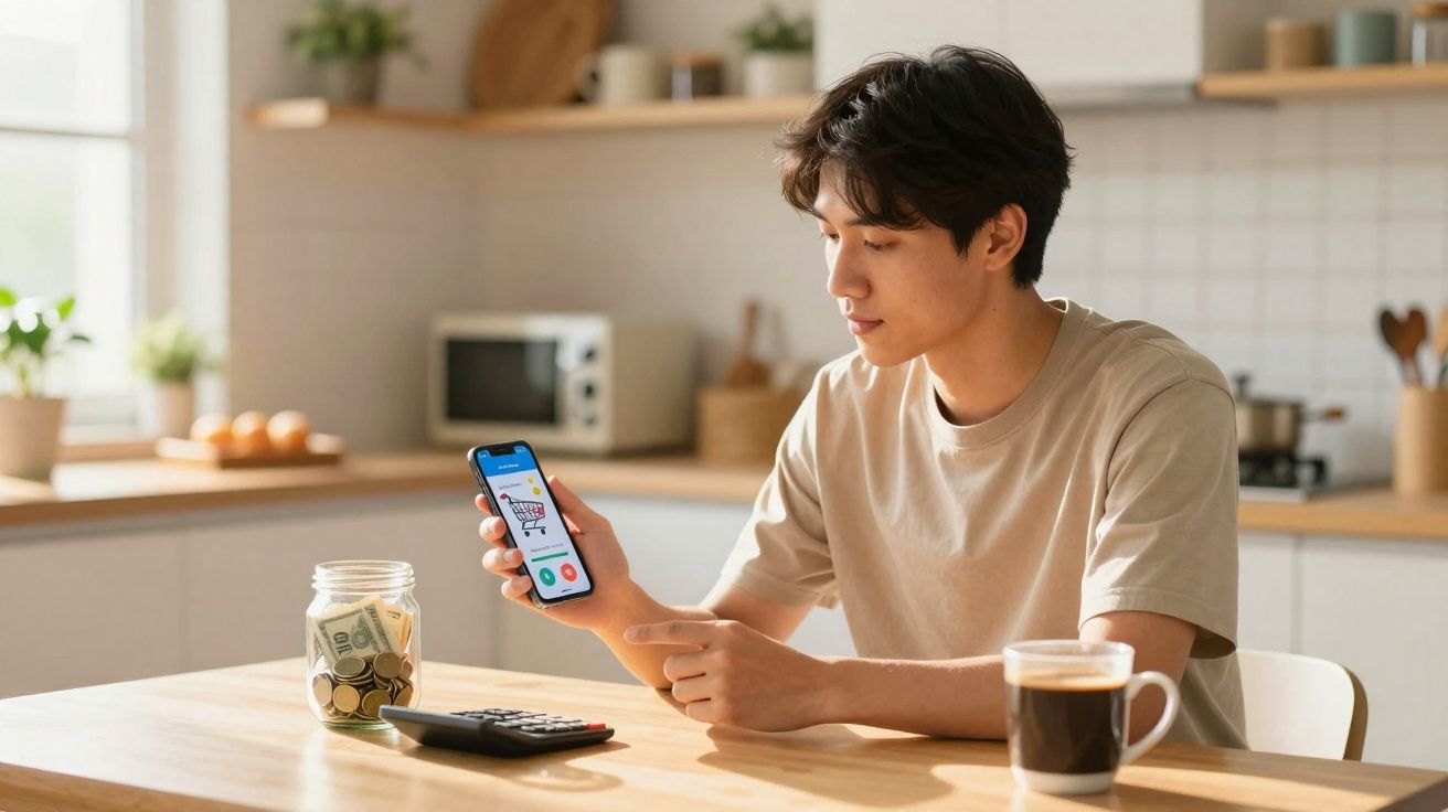 Homem jovem sentado à mesa na cozinha a usar telemóvel para fazer gestão financeira com jarro de moedas e café.