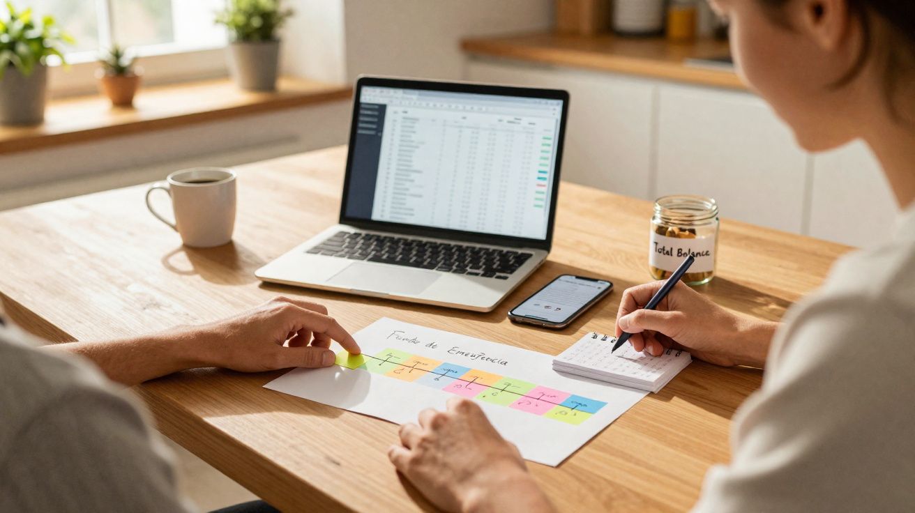 Duas pessoas a planear finanças numa mesa com computador, notas coloridas e jarro com "Total Balance".