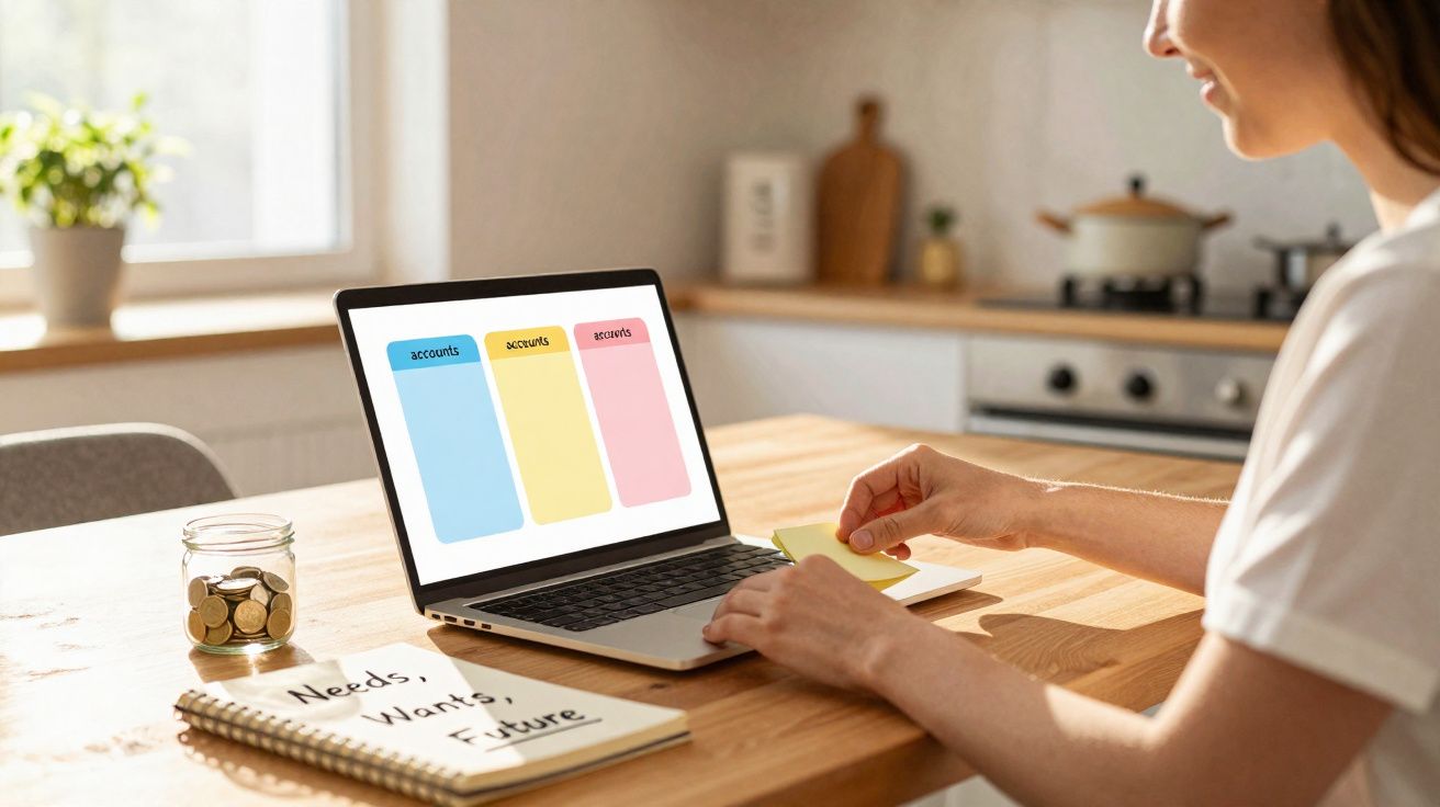 Pessoa a organizar notas em frente a um computador portátil com quadro de gestão de contas na ecrã.