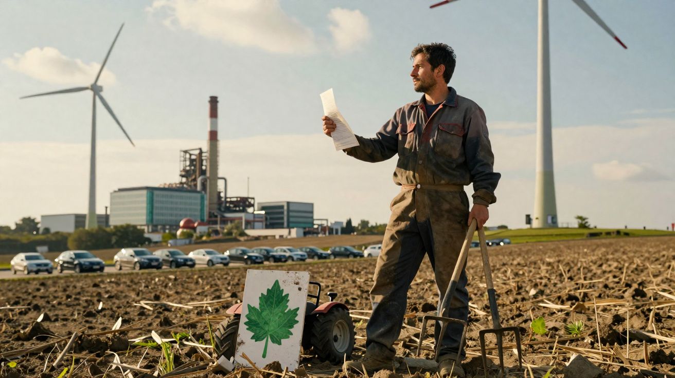 Agricultor em campo seco com lâmina de pá e desenho de folha, turbinas e fábrica ao fundo.