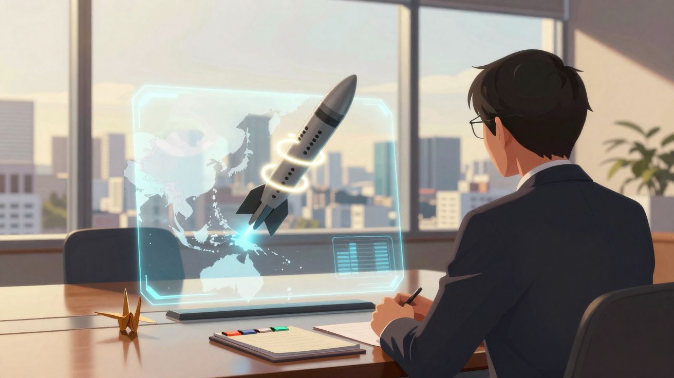 Homem de negócios sentado numa mesa a analisar um holograma de míssil e mapa do mundo numa sala de escritório.