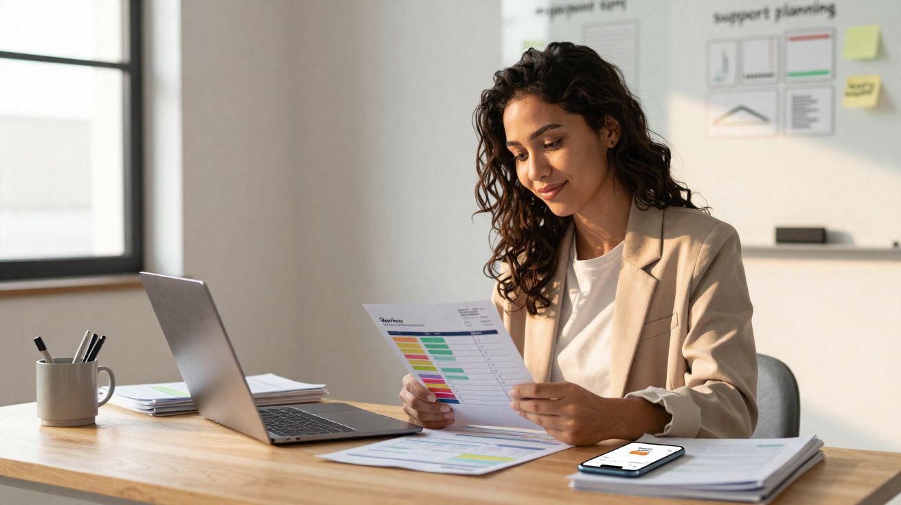 Mulher a trabalhar num escritório, a analisar documentos coloridos com computador e telefone à sua frente.