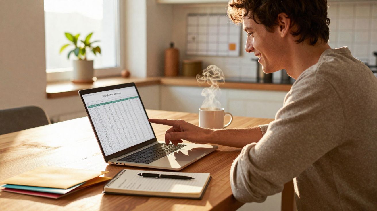 Homem sorridente a trabalhar num computador portátil ao almoço, com notas e chá quente numa mesa na cozinha.