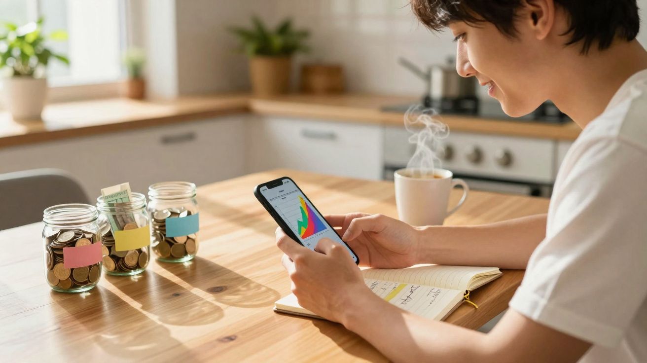 Pessoa a consultar gráficos financeiros no telemóvel, com três frascos cheios de moedas e um caderno numa mesa.