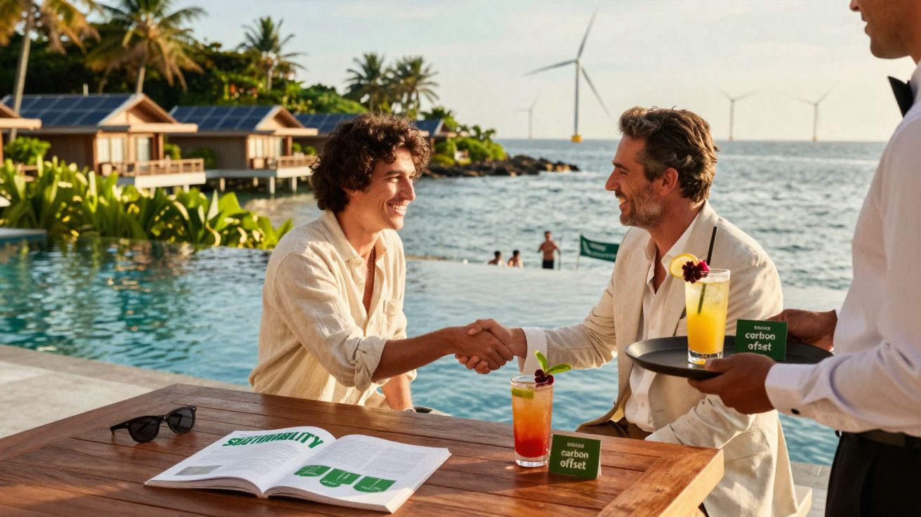 Duas pessoas cumprimentam-se junto a piscina com mar e turbinas eólicas ao fundo durante o pôr do sol.