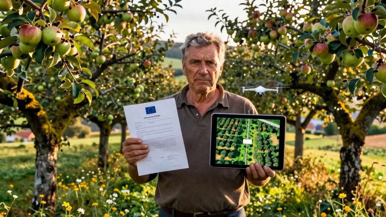Homem numa macieira segura documento e tablet com imagens de cultura agrícola e um drone no ar.