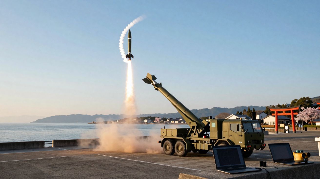 Lançamento de míssil a partir de camião militar perto de zona costeira com montanhas ao fundo.