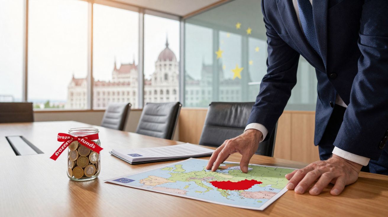 Pessoa de fato aponta para mapa da Europa com Hungria destacada em vermelho, jarro de moedas na mesa.