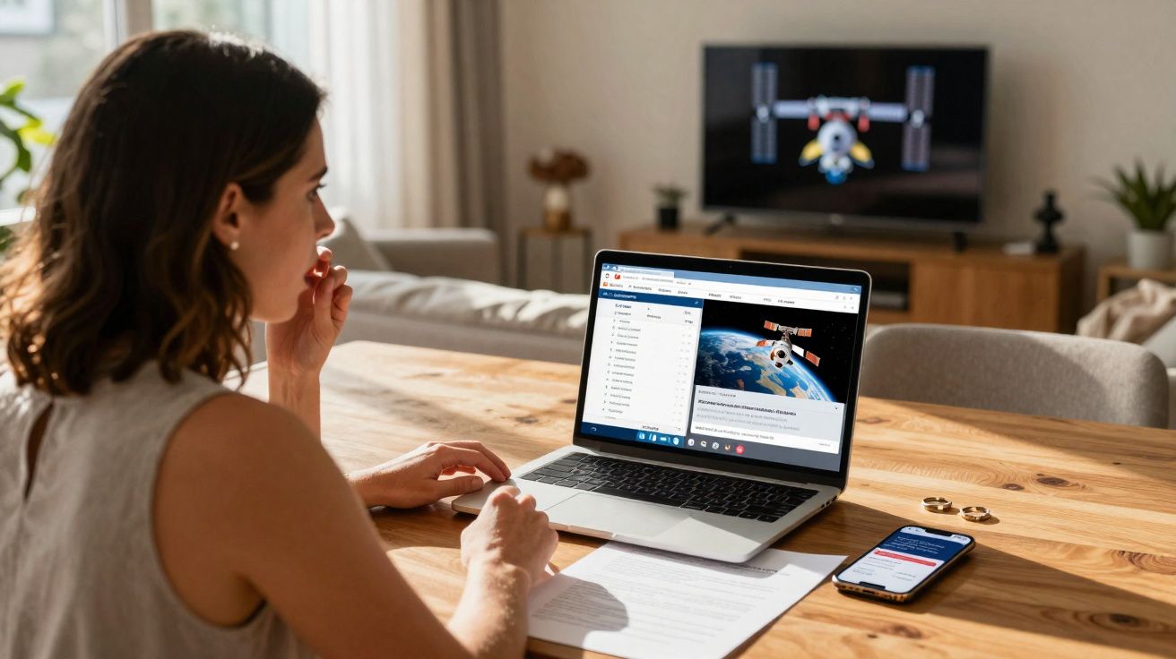 Mulher sentada na mesa a assistir aula online sobre espaço em laptop, com telefone e documentos à sua frente.