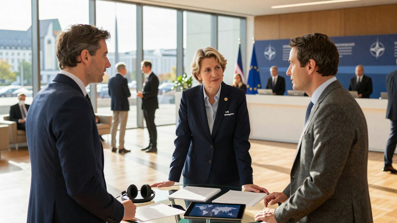 Três pessoas em roupa formal conversam em escritório moderno com documentos e tablet sobre mesa.