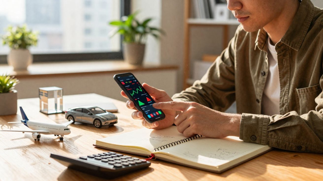 Pessoa consulta gráficos financeiros num smartphone, com caderno, calculadora e modelos de avião e carro numa mesa.