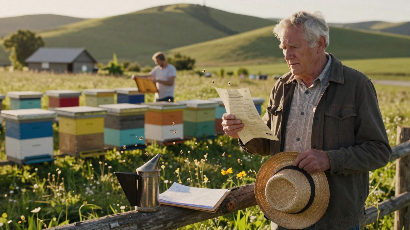 Apicultor sénior a ler um documento junto a colmeias coloridas em campo florido com colinas ao fundo.