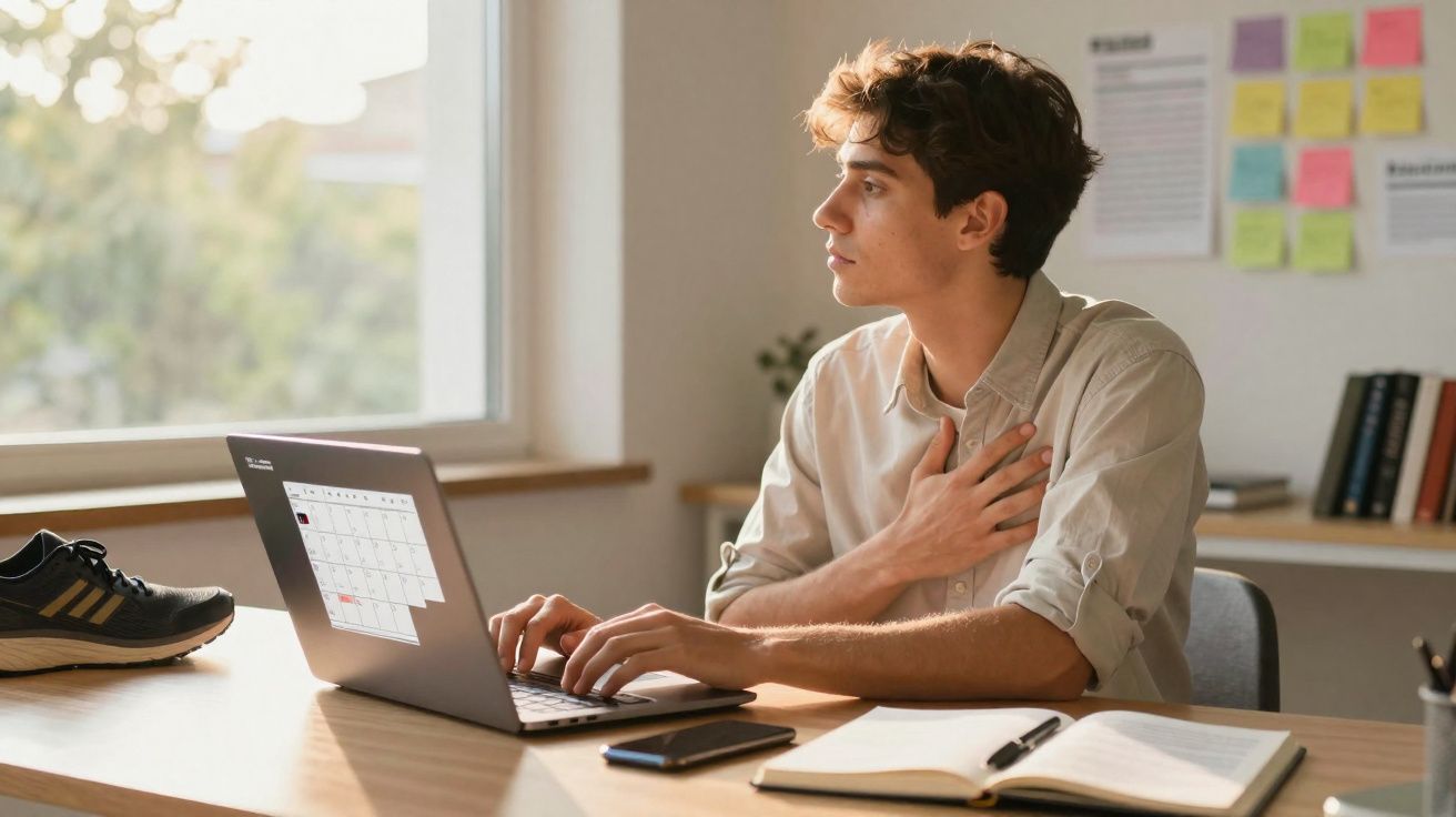 Jovem a trabalhar no computador portátil junto a janela, com uma mão no peito e expressão pensativa.