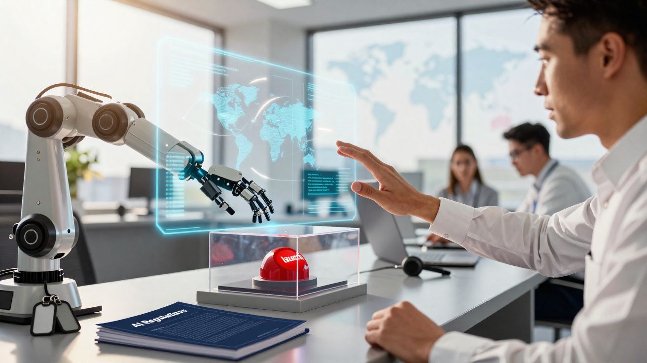 Homem interage com braço robótico e holograma num escritório moderno, com equipa ao fundo.