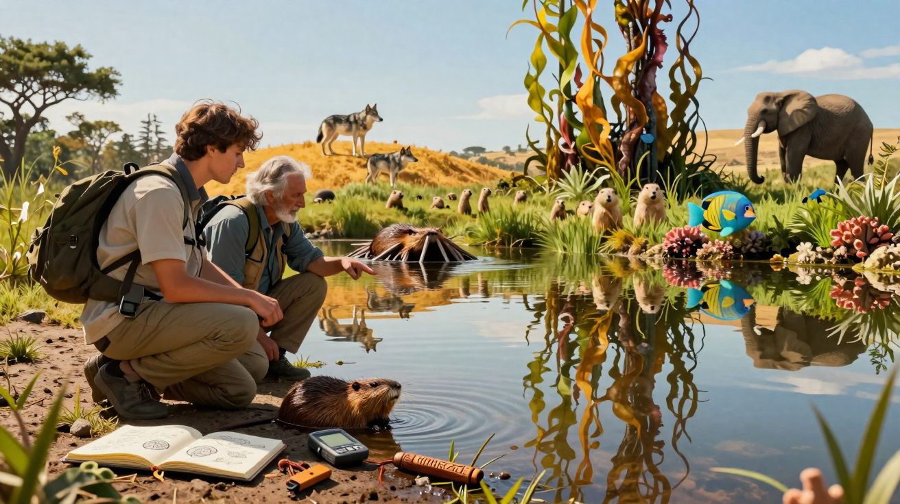 Dois homens observam animais selvagens junto a um lago, com cadernos e equipamentos de campo ao lado.