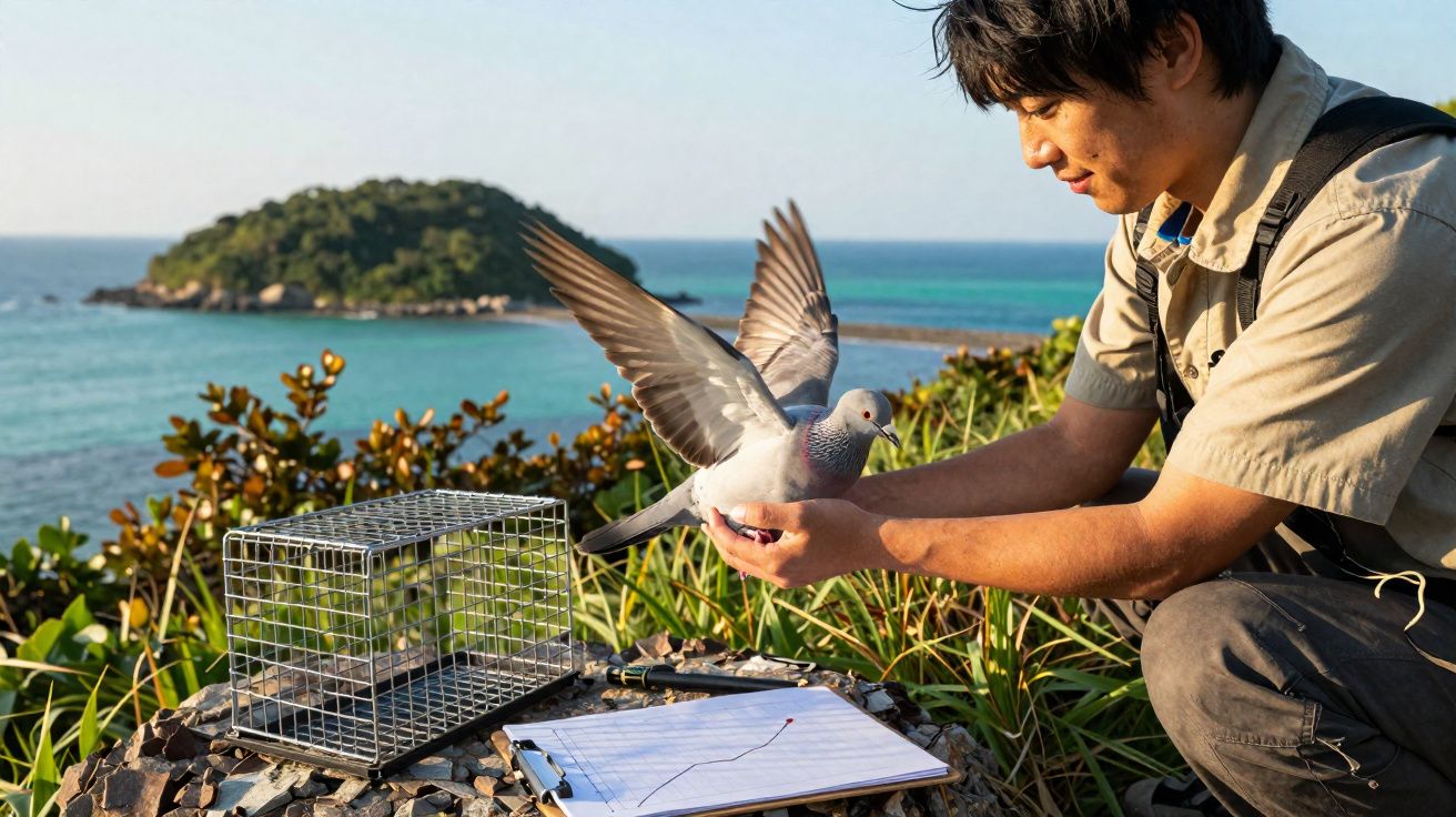 Homem libertando pomba junto ao mar com ilha ao fundo, gaiola metálica e prancheta numa rocha.