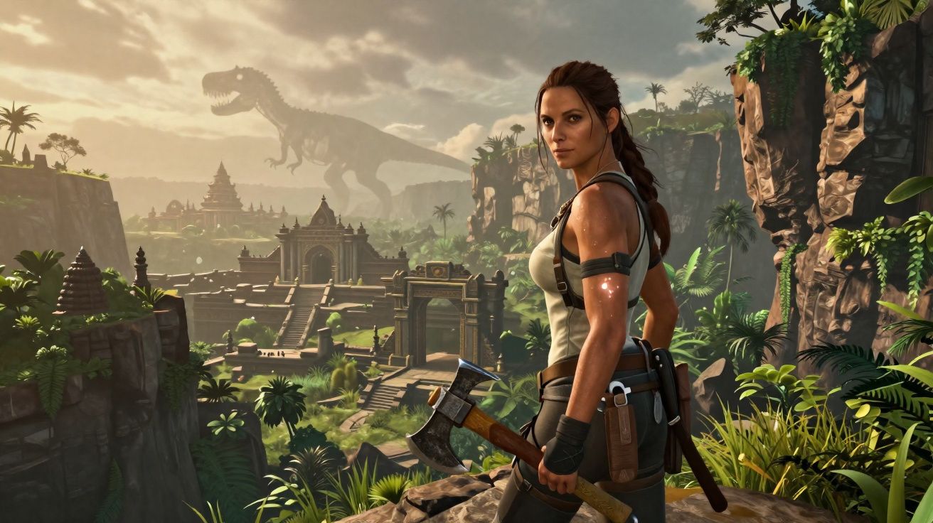 Personagem feminina com machado numa selva, ruínas antigas e dinossauro ao fundo em ambiente de aventura.