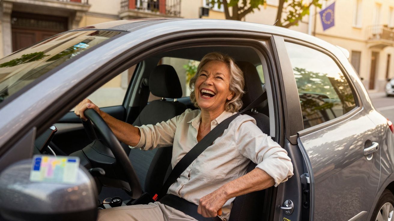 Mulher sénior sorridente sentada no banco do condutor de carro cinzento com porta aberta.