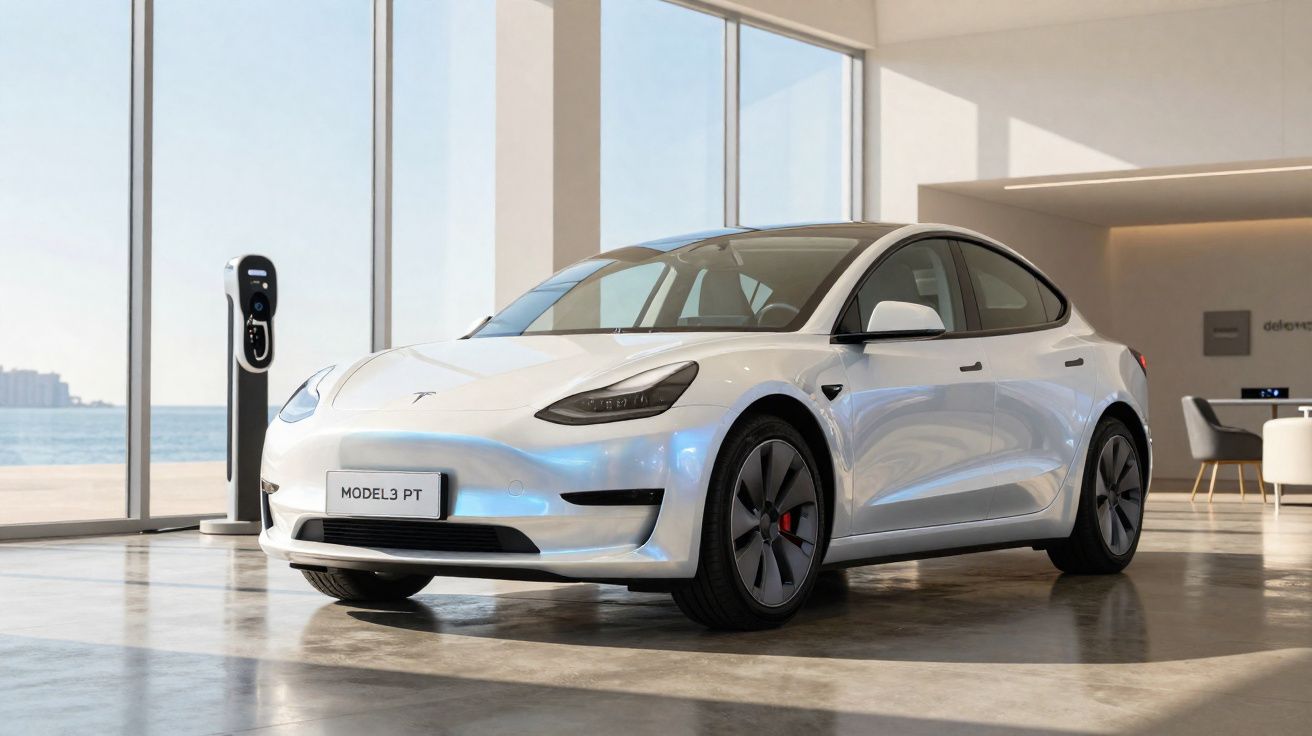 Carro elétrico Tesla Model 3 branco estacionado em ambiente interior com vista para o mar.