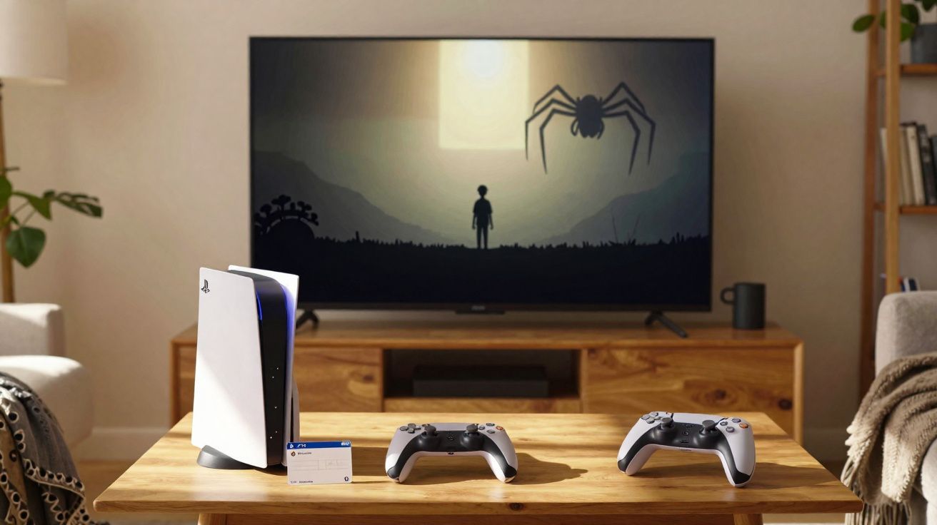 Consola PlayStation 5 com comandos na mesa e jogo de terror a ser exibido na televisão.