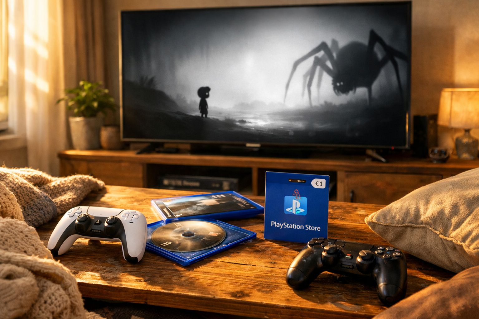 Comandos, discos de jogos e cartão PlayStation Store numa mesa à frente de televisão com jogo em ecrã.