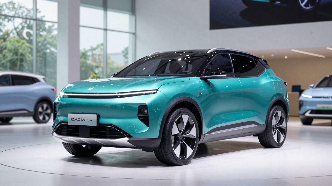 Carro elétrico Dacia EV verde turquesa exibido num espaço interior moderno.